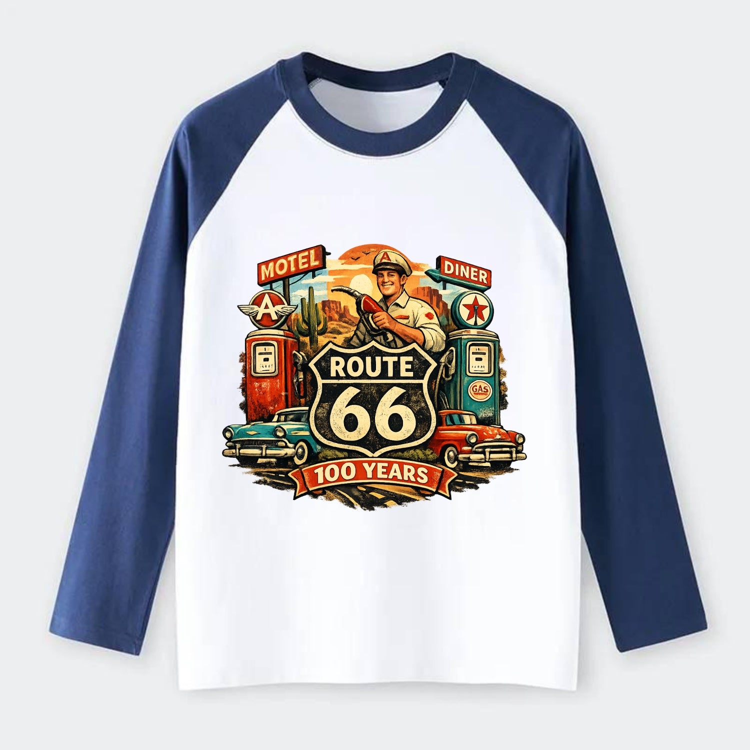 FILL ER UP | Vintage gas pumps | Flying A or Texaco style | Service - Raglan Long Sleeve T-Shirt - Blue