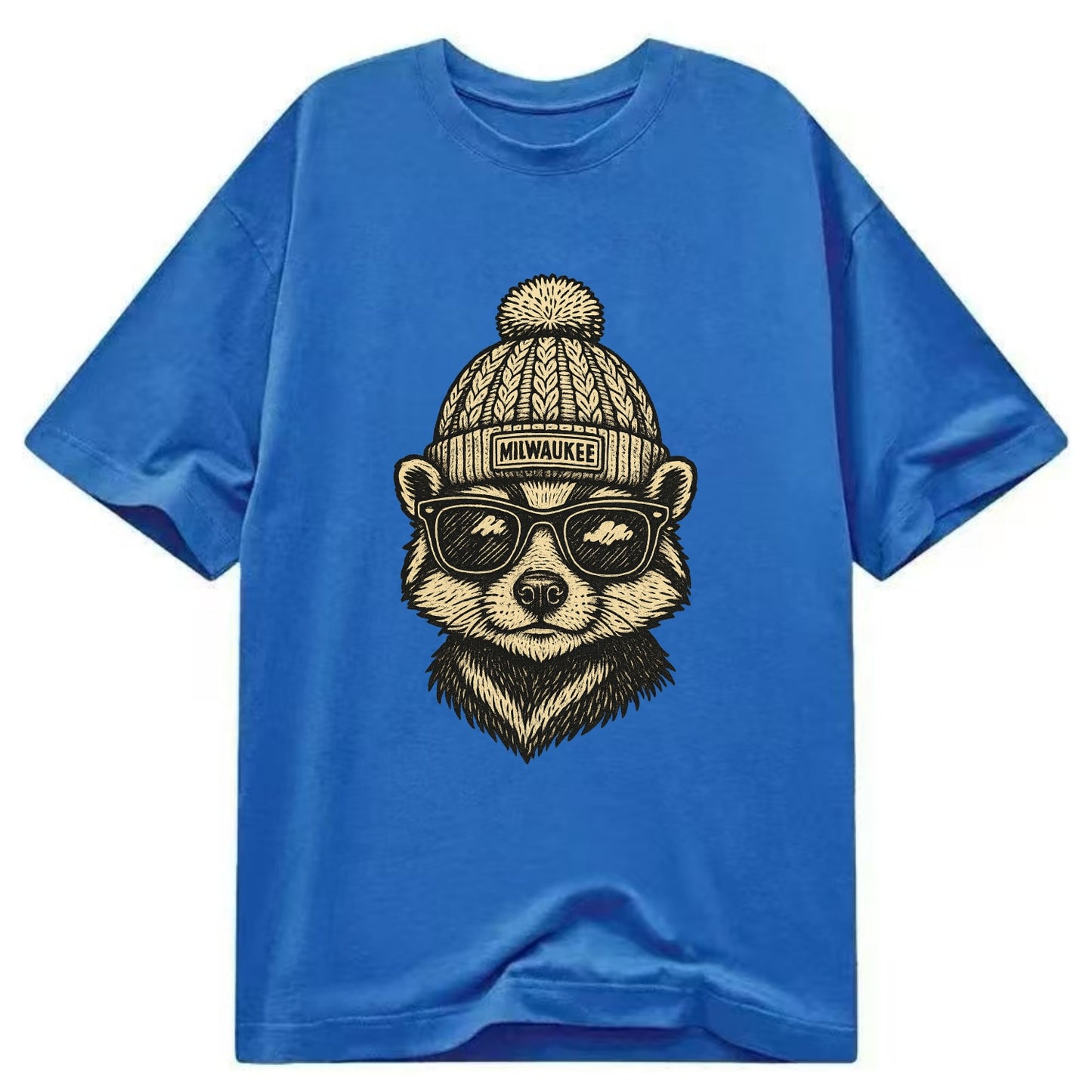 Wisconsin Badger wearing Milwaukee beanie with pom pom and wayfarer sunglasses - Classic T-shirt - Blue
