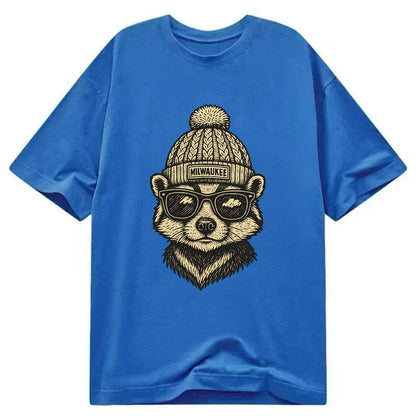 Wisconsin Badger wearing Milwaukee beanie with pom pom and wayfarer sunglasses - Classic T-shirt - Blue