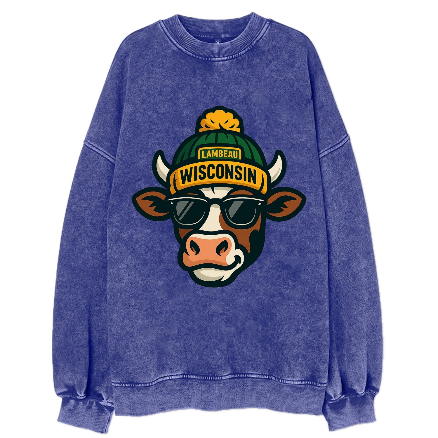 Wisconsin Cow wearing Packers beanie with Lambeau patch and wayfarer sunglasses - Vintage Sweatshirt - Blue