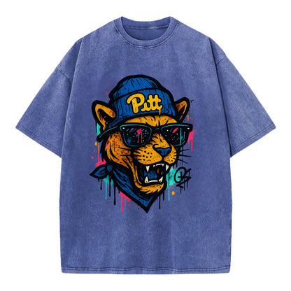 Pittsburgh Panther wearing Pitt beanie with script patch - Vintage T-shirt - Blue