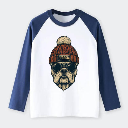 Athens Bulldog wearing Georgia beanie wi - Raglan Long Sleeve T-Shirt - Blue