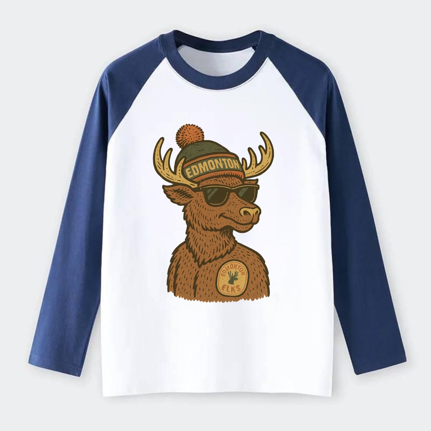 Edmonton Elk wearing Edmonton beanie with pom pom and wayfarer - Raglan Long Sleeve T-Shirt - Blue