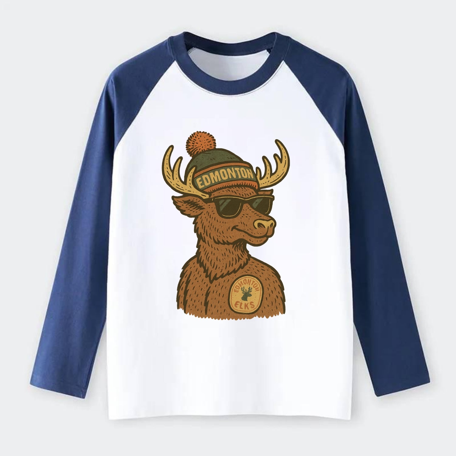 Edmonton Elk wearing Edmonton beanie with pom pom and wayfarer - Raglan Long Sleeve T-Shirt - Blue