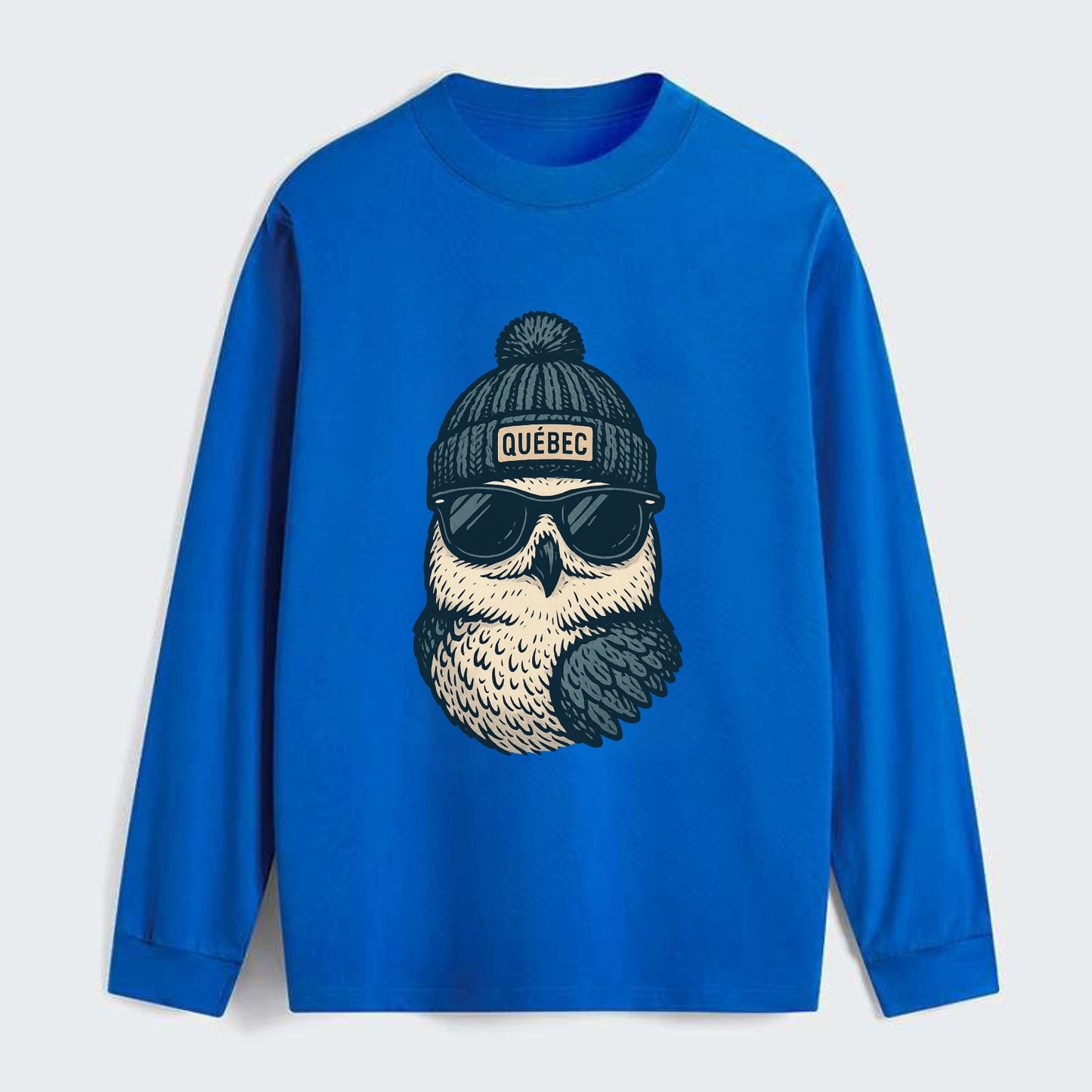 Quebec City Snowy Owl wearing Quebec bea - Classic Long Sleeve Shirt - Blue