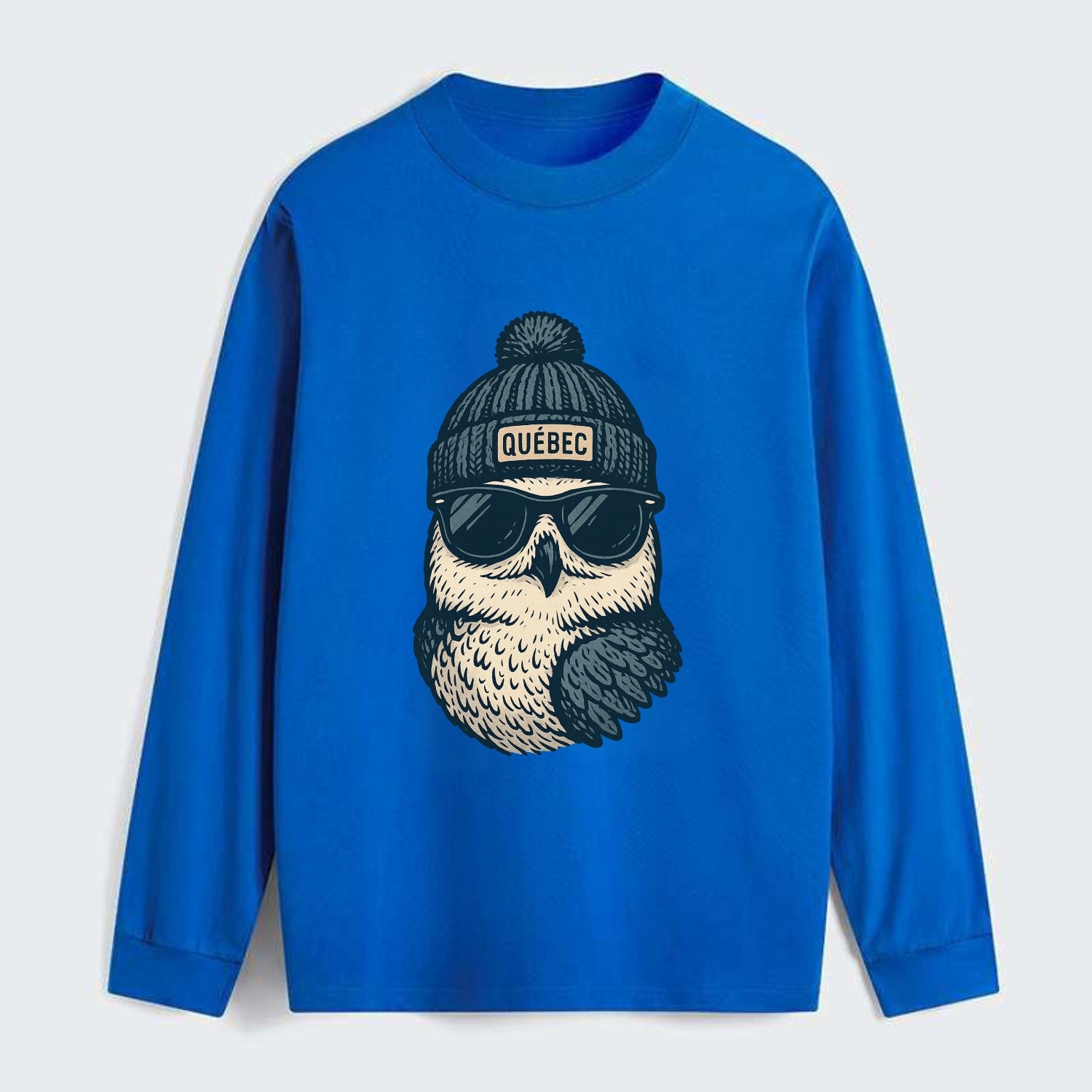 Quebec City Snowy Owl wearing Quebec bea - Classic Long Sleeve Shirt - Blue