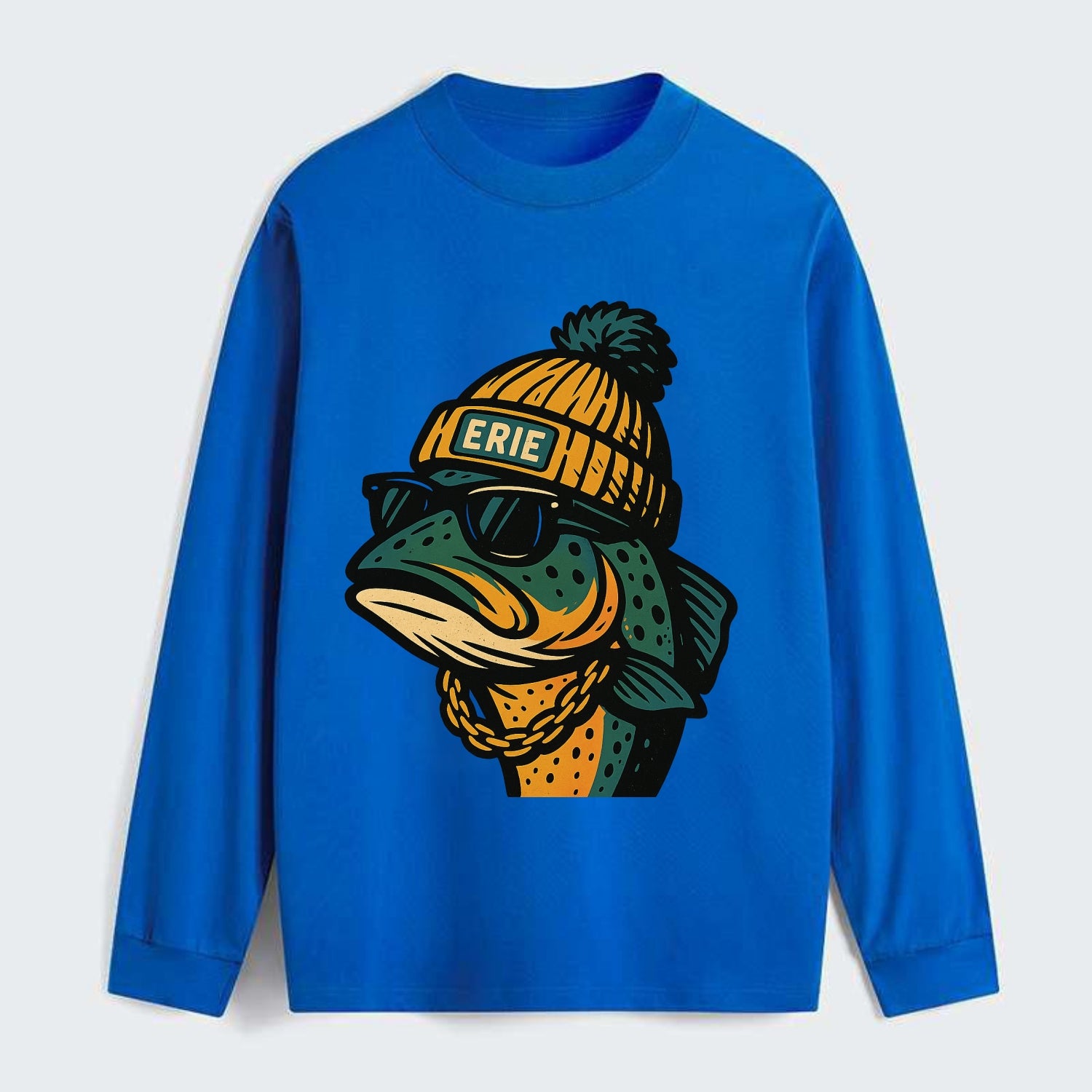 Erie Lake Trout wearing Erie beanie with pom pom and wayfarer sunglasses - Classic Long Sleeve Shirt - Blue