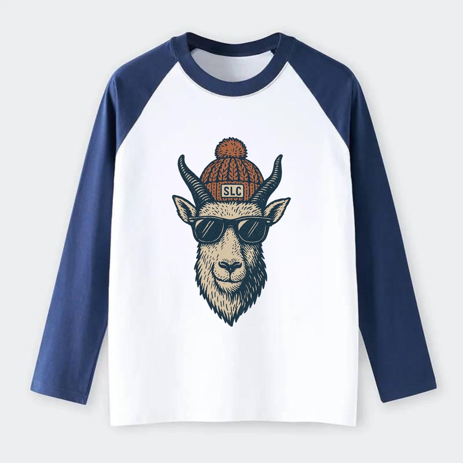 Salt Lake City Mountain Goat wearing SLC beanie with pom pom and - Raglan Long Sleeve T-Shirt - Blue