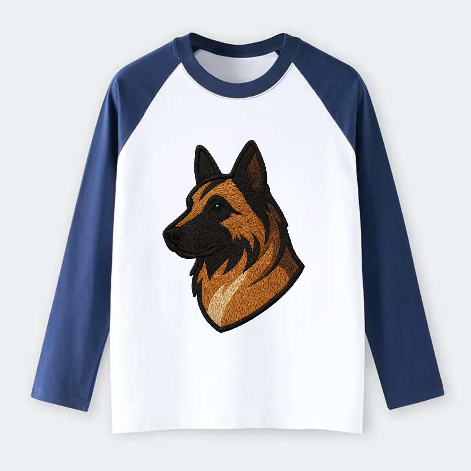Belgian Tervuren - Fawn with black overlay embroidered design - Raglan Long Sleeve T-Shirt - Blue