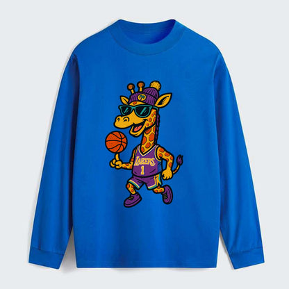 California Giraffe wearing Lakers beanie with palm tree patch and - Classic Long Sleeve Shirt - Blue