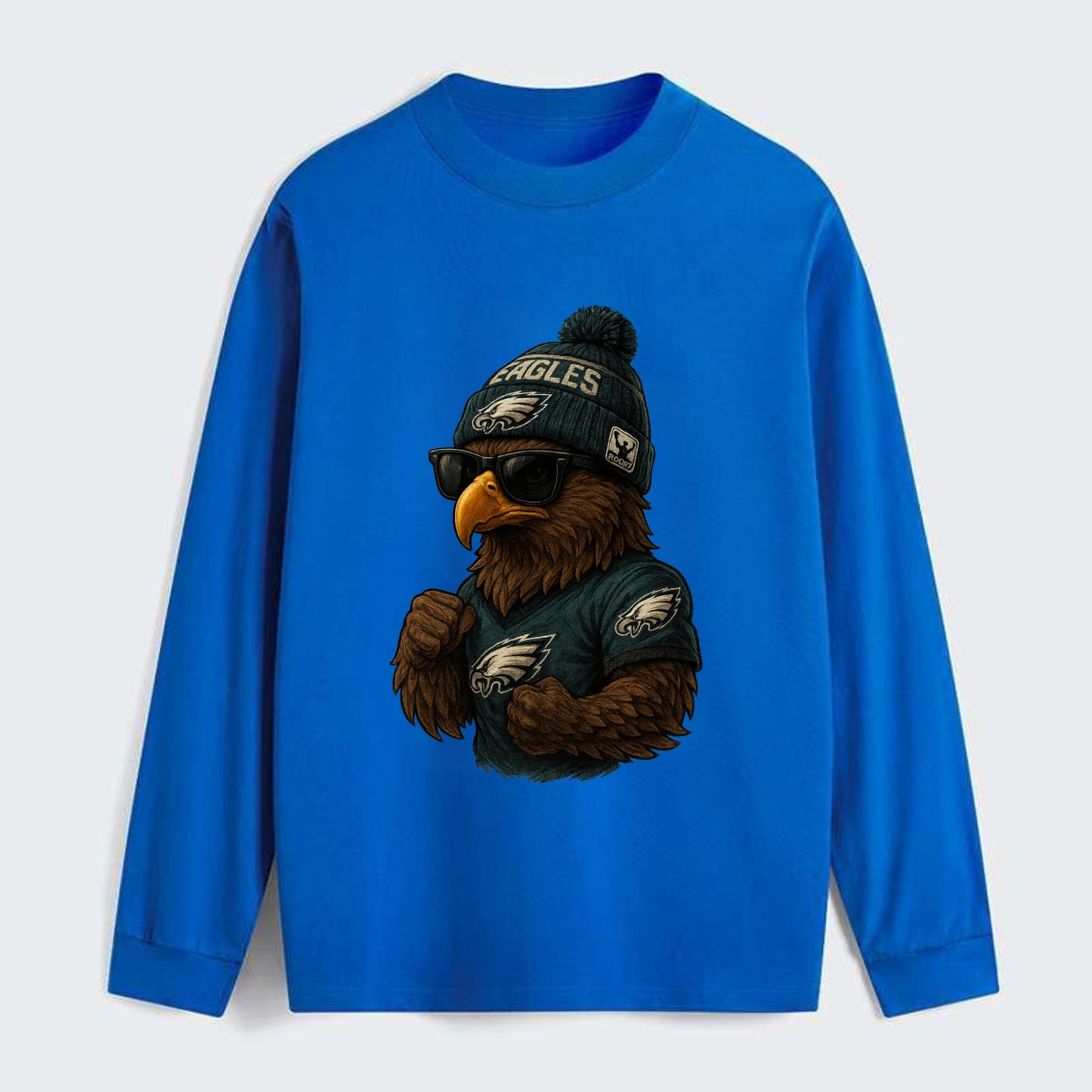Philly Hawk wearing Eagles beanie with Rocky patch and wayfarer - Classic Long Sleeve Shirt - Blue