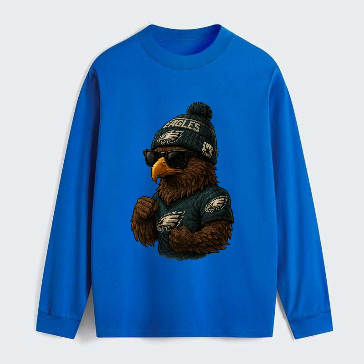 Philly Hawk wearing Eagles beanie with Rocky patch and wayfarer - Classic Long Sleeve Shirt - Blue