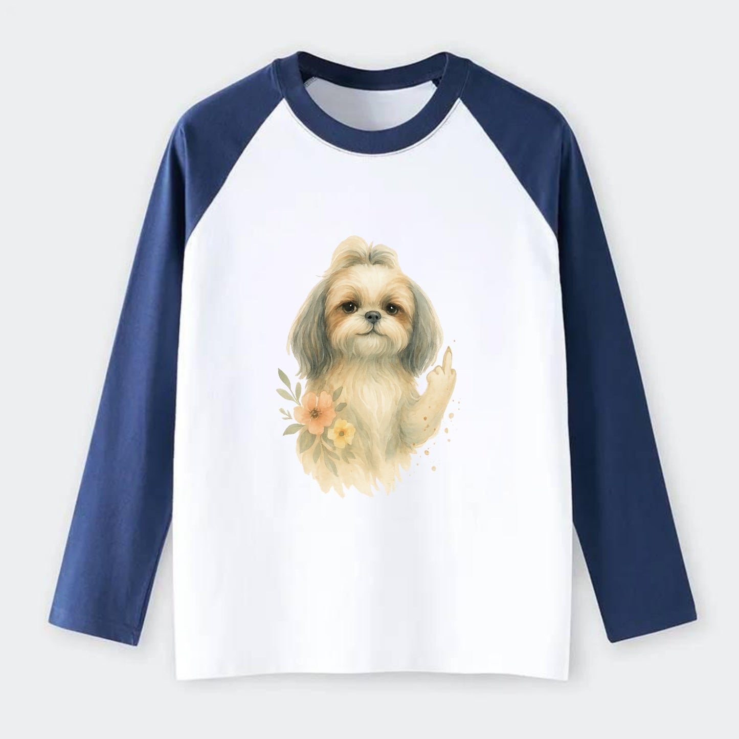 Shih Tzu with long flowing silky hair, tiny paw showing attitude - Raglan Long Sleeve T-Shirt - Blue
