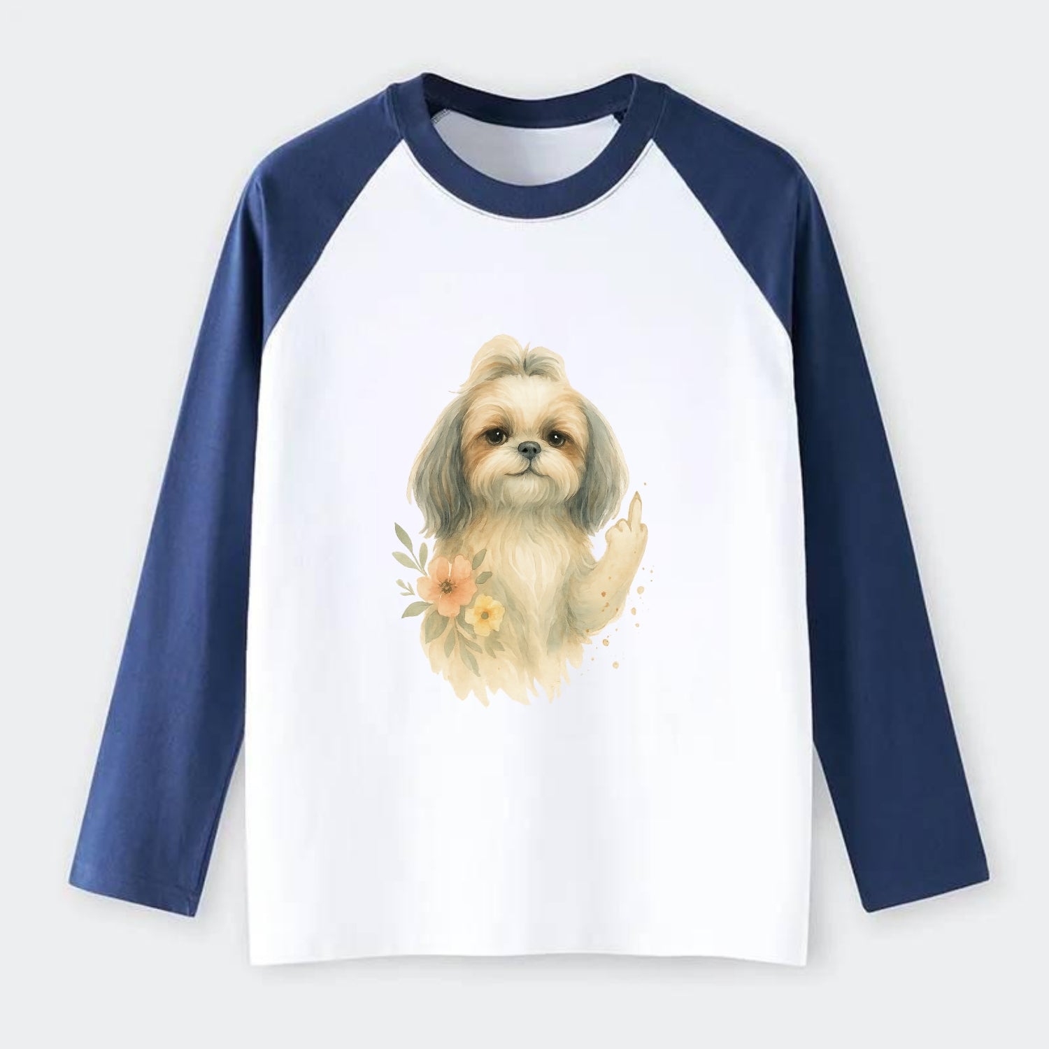 Shih Tzu with long flowing silky hair, tiny paw showing attitude - Raglan Long Sleeve T-Shirt - Blue