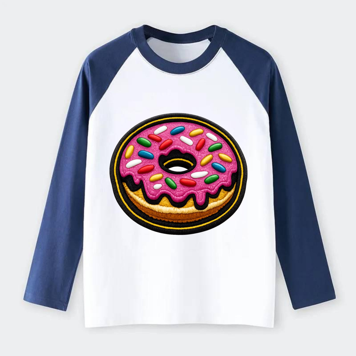 DONUT SPRINKLES - glazed donut with sprinkles in pink and rainbow , - Raglan Long Sleeve T-Shirt - Blue