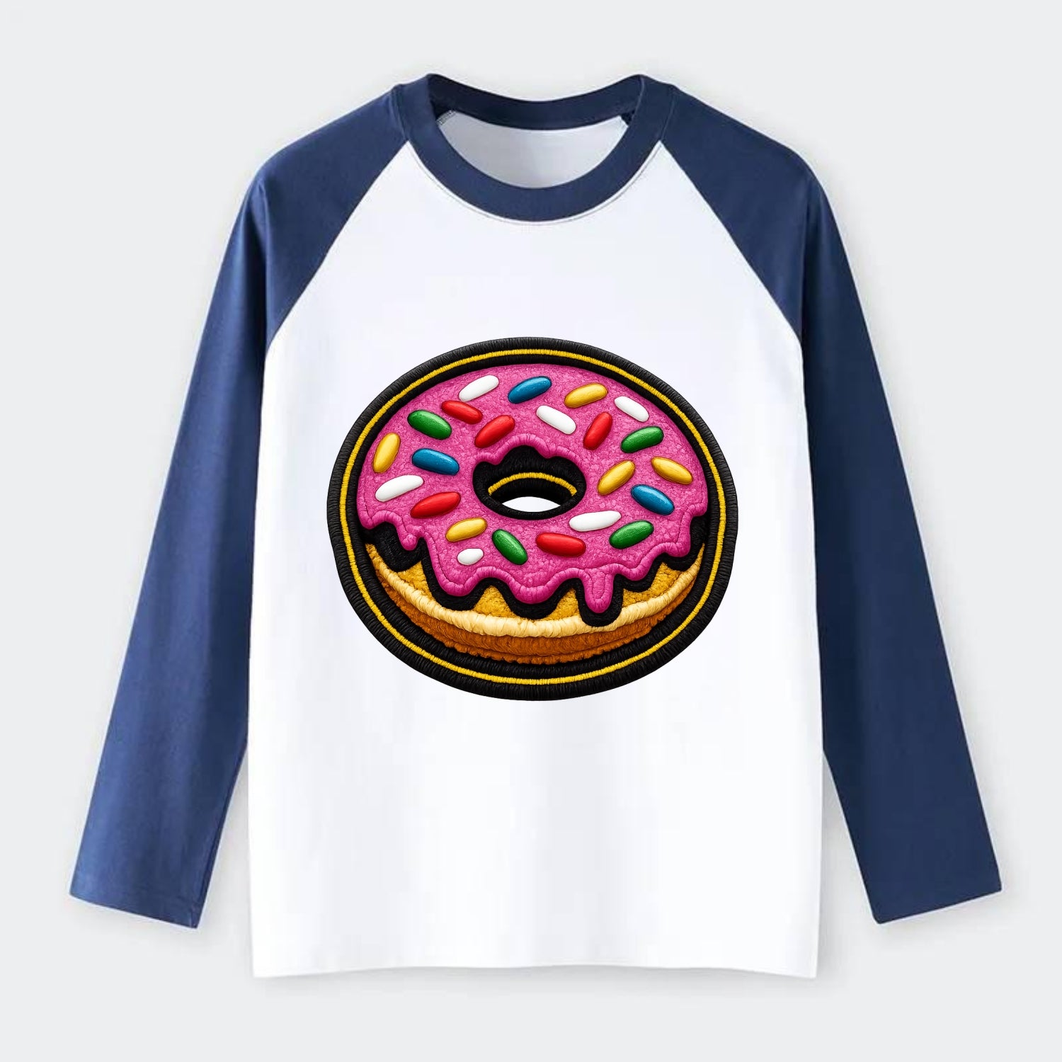 DONUT SPRINKLES - glazed donut with sprinkles in pink and rainbow , - Raglan Long Sleeve T-Shirt - Blue