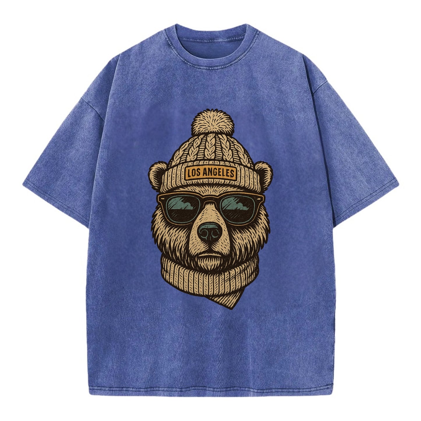 California Grizzly Bear wearing Los Angeles beanie with pom pom and wayfarer - Vintage T-shirt - Blue