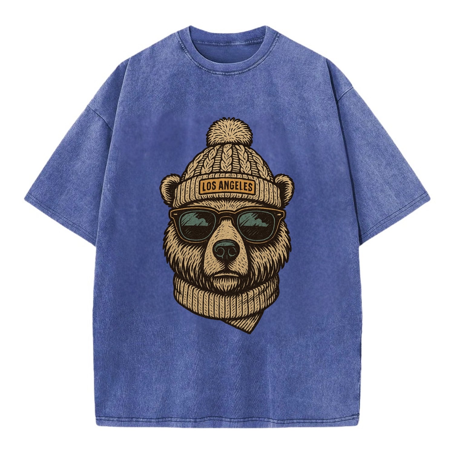 California Grizzly Bear wearing Los Angeles beanie with pom pom and wayfarer - Vintage T-shirt - Blue