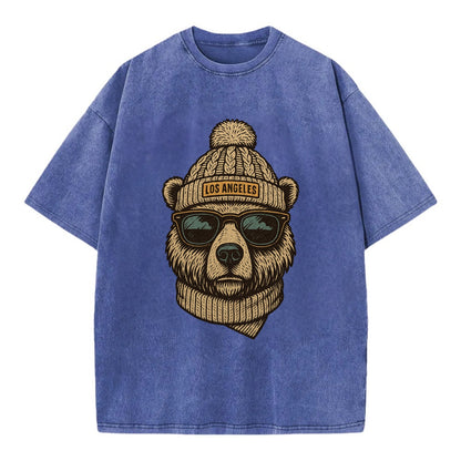 California Grizzly Bear wearing Los Angeles beanie with pom pom and wayfarer - Vintage T-shirt - Blue