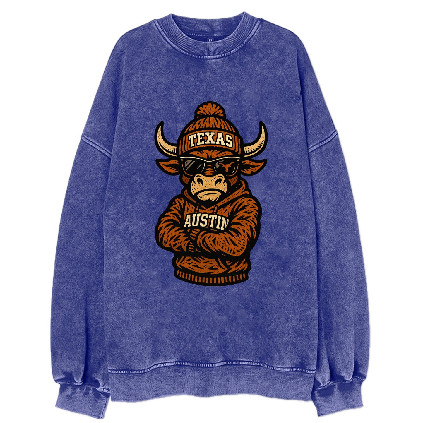Austin Bevo wearing Texas beanie with longhorn patch - Vintage Sweatshirt - Blue