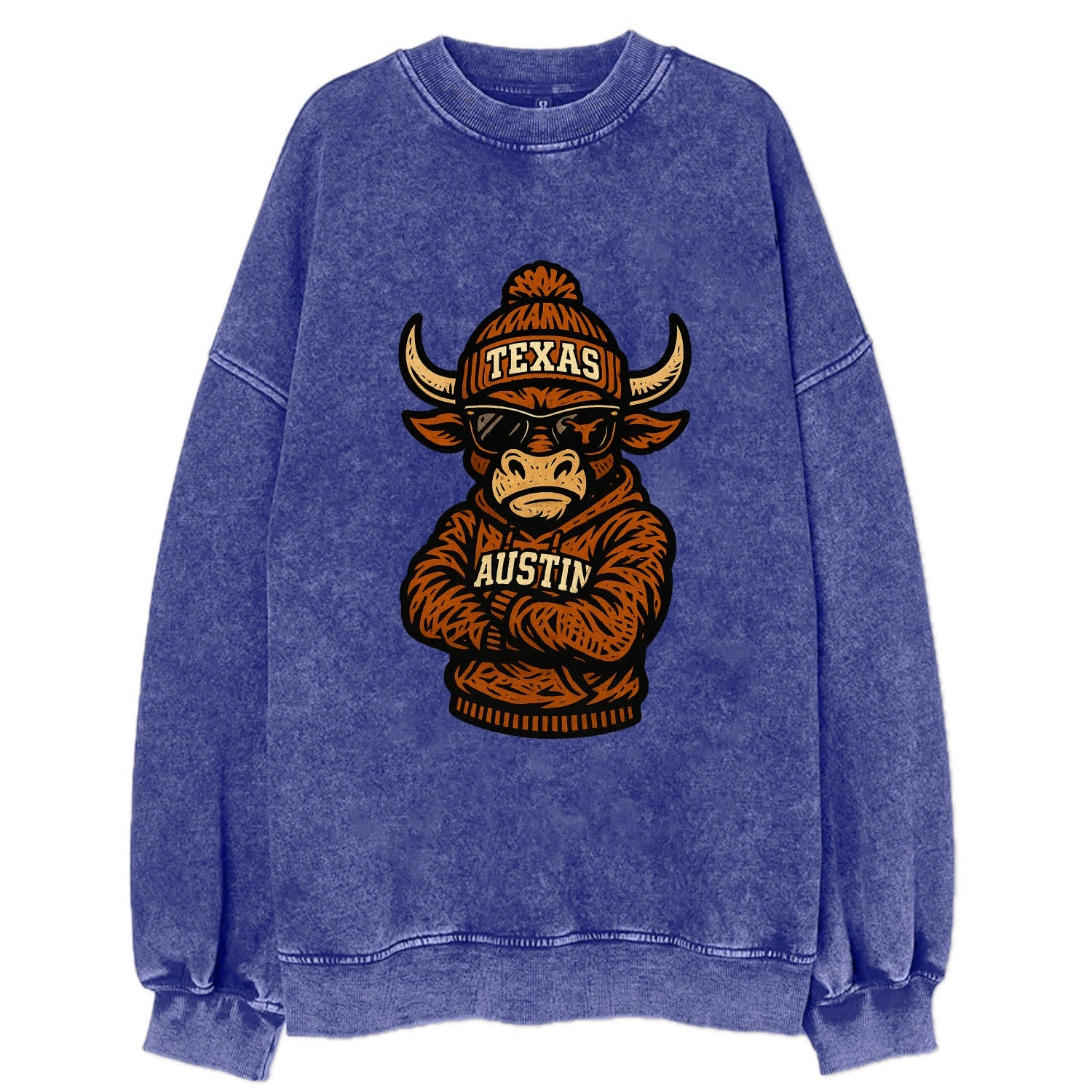 Austin Bevo wearing Texas beanie with longhorn patch - Vintage Sweatshirt - Blue