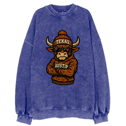 Austin Bevo wearing Texas beanie with longhorn patch - Vintage Sweatshirt - Blue