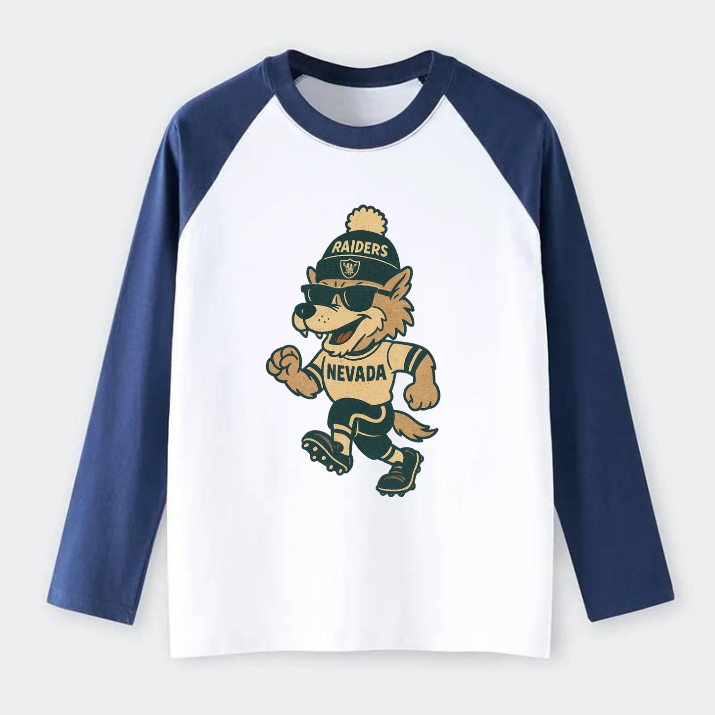 Nevada Wolf wearing Raiders beanie with outlaw patch and wayfarer - Raglan Long Sleeve T-Shirt - Blue