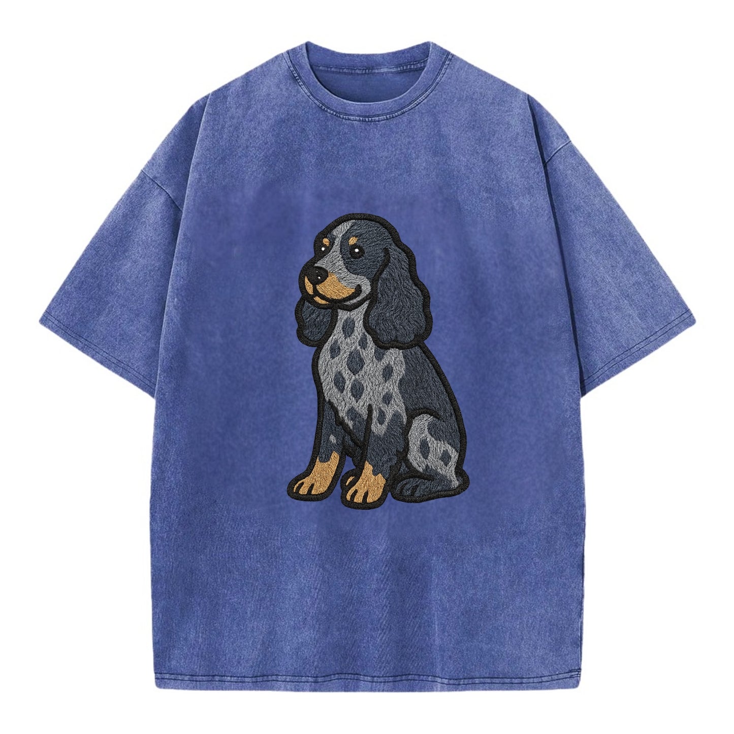 English Cocker Spaniel - Blue roan embroidered sitting pose - Vintage T-shirt - Blue