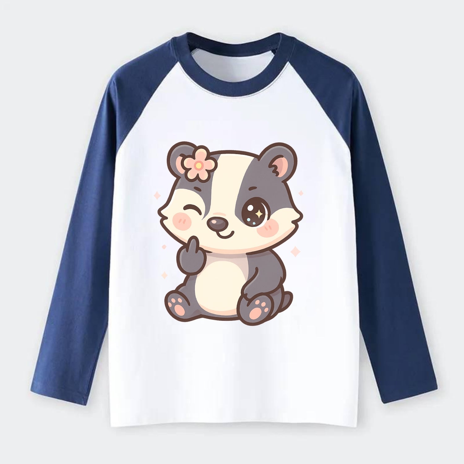 adorable badger with black and white stripes, one paw giving finger - Raglan Long Sleeve T-Shirt - Blue