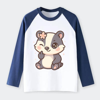 adorable badger with black and white stripes, one paw giving finger - Raglan Long Sleeve T-Shirt - Blue