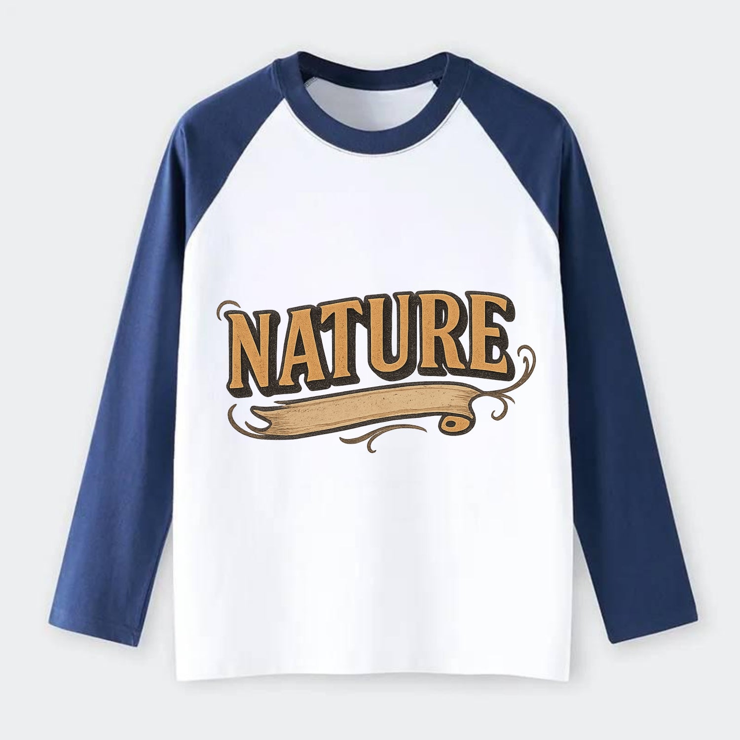 Bold typography design - "NATURE" - natural world, organic - Raglan Long Sleeve T-Shirt - Blue