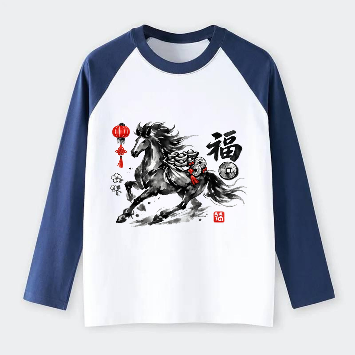PROSPERITY HORSE | Horse carrying gold ingots and coins | Chinese knot - Raglan Long Sleeve T-Shirt - Blue