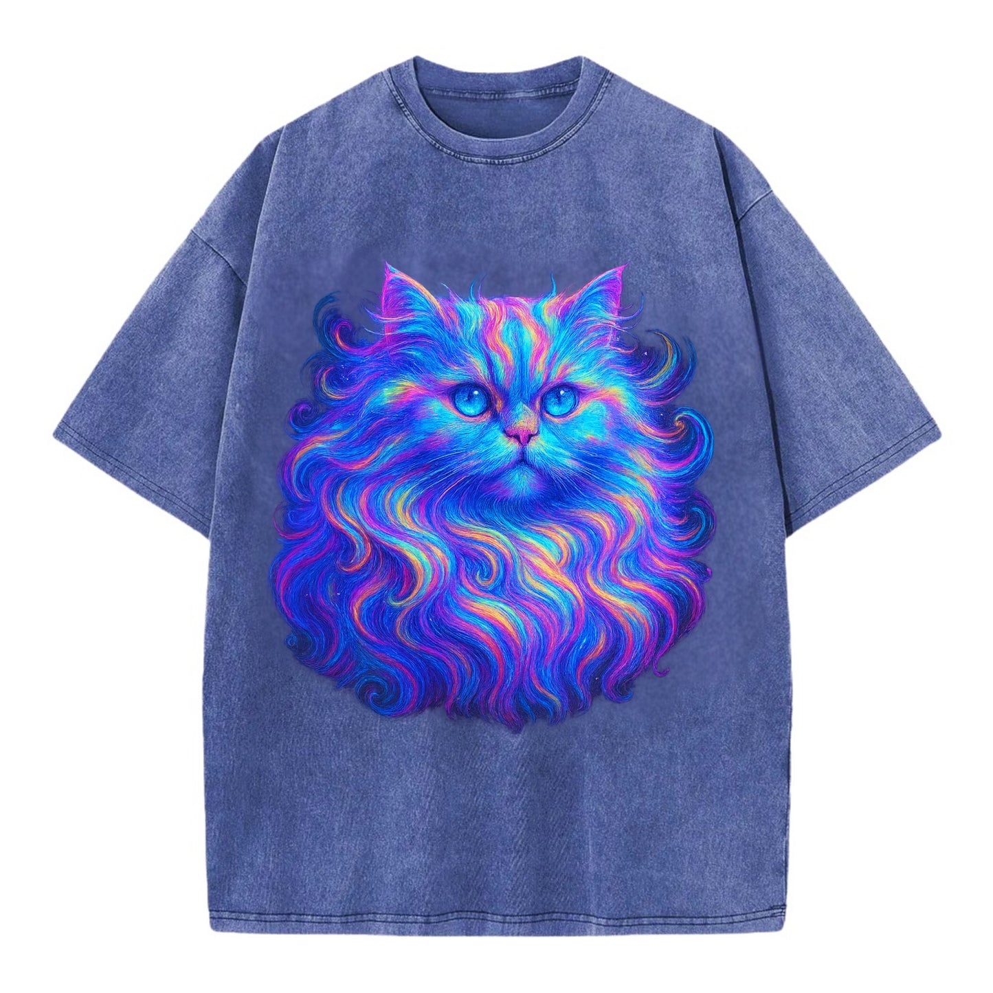 Luxurious Persian cat with flowing fur that refracts into rainbow prisms, soft - Vintage T-shirt - Blue
