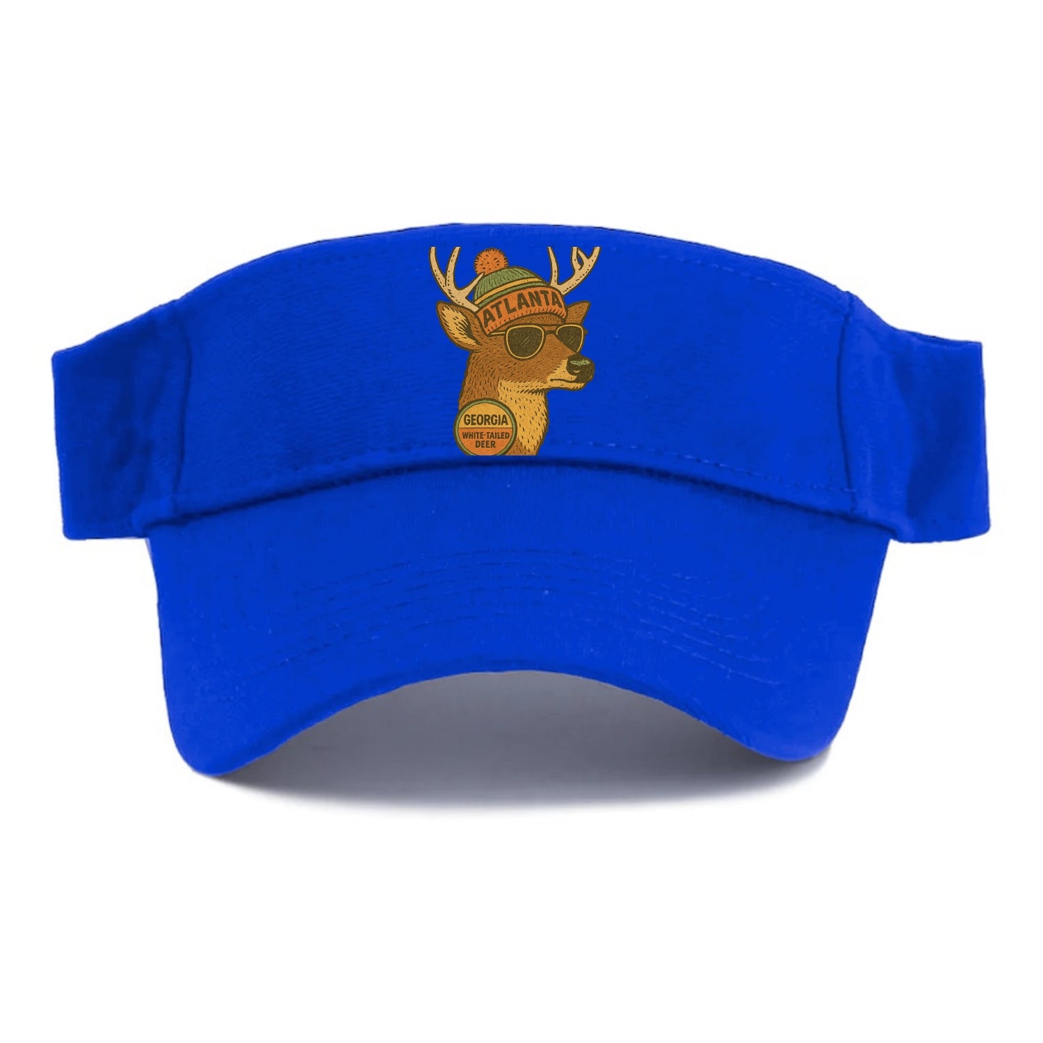Georgia White-tailed Deer wearing Atlanta beanie with pom pom and wayfarer sunglasses - Visor - Blue