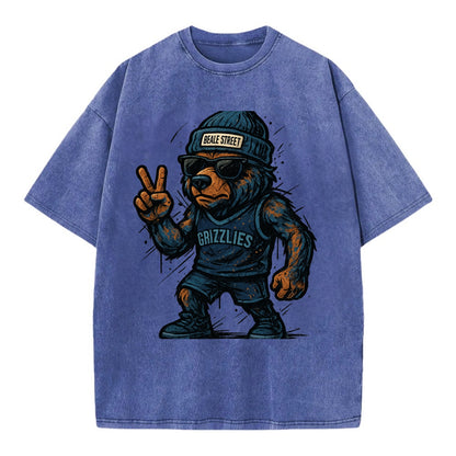 Memphis Grizzly Bear wearing Grizzlies navy and light blue beanie with Beale - Vintage T-shirt - Blue