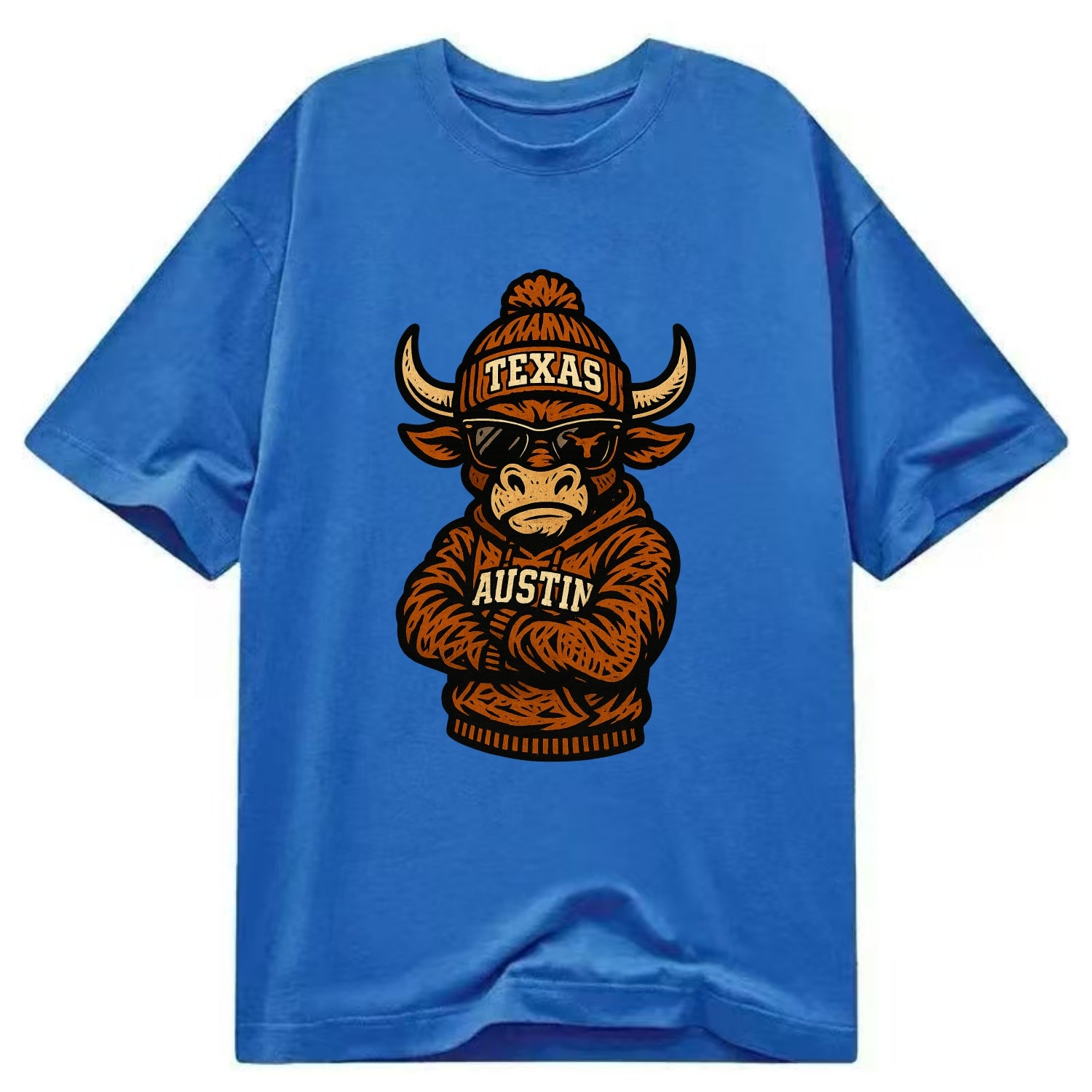Austin Bevo wearing Texas beanie with longhorn patch - Classic T-shirt - Blue