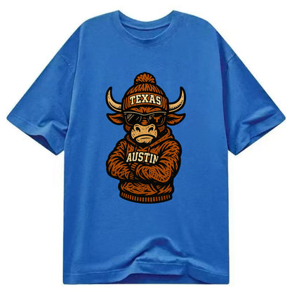 Austin Bevo wearing Texas beanie with longhorn patch - Classic T-shirt - Blue