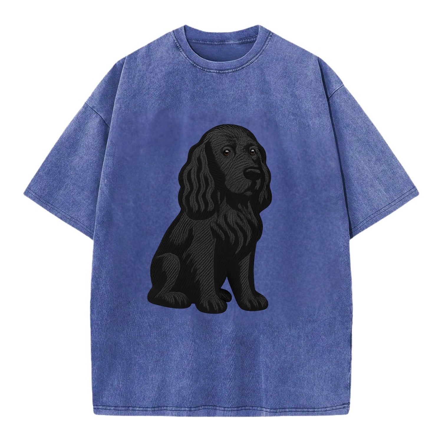 Field Spaniel - Black silky coat embroidered pose - Vintage T-shirt - Blue