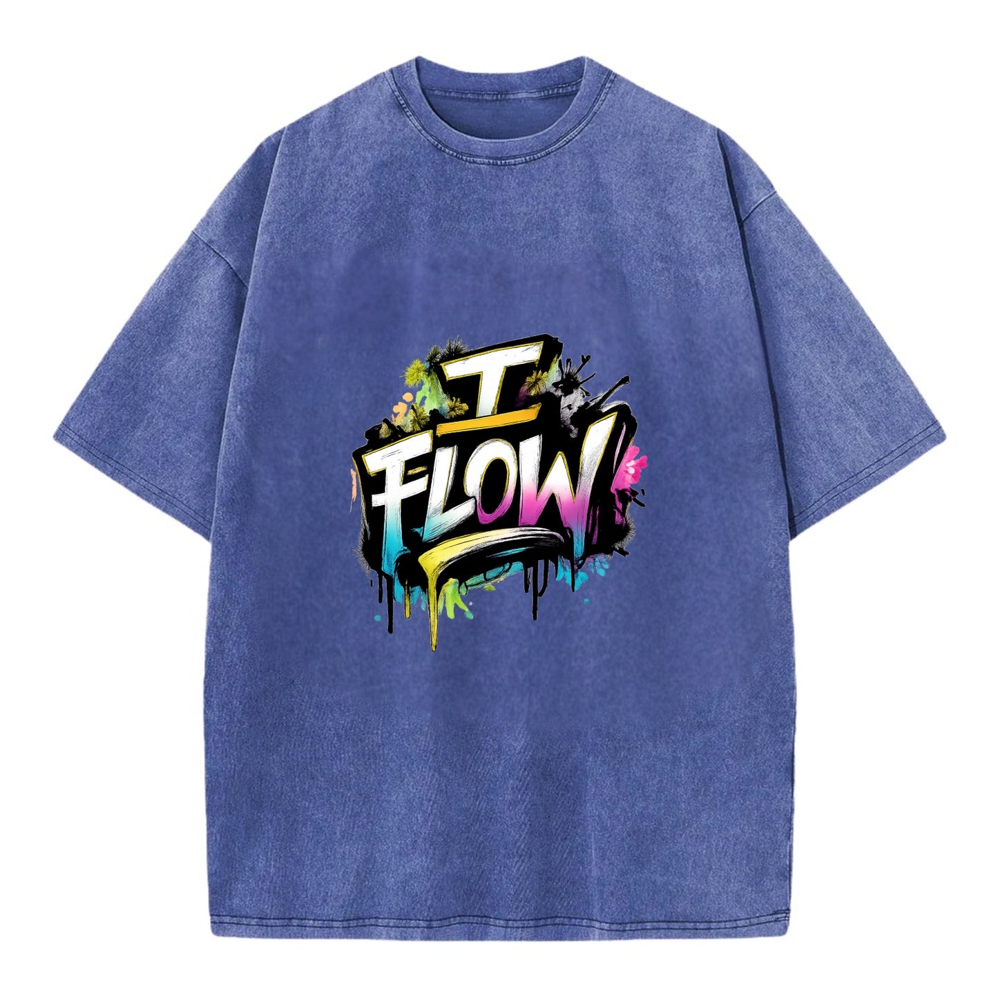 Bold typography design - "I FLOW" - going with life, easy movement - Vintage T-shirt - Blue