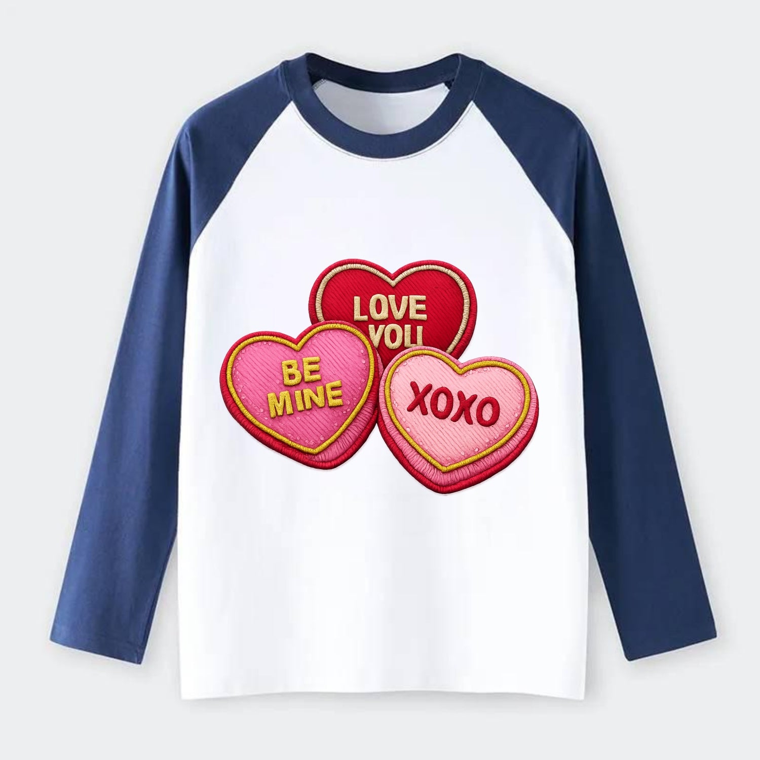 VALENTINES HEARTS - candy hearts in pink and red , love day - Raglan Long Sleeve T-Shirt - Blue