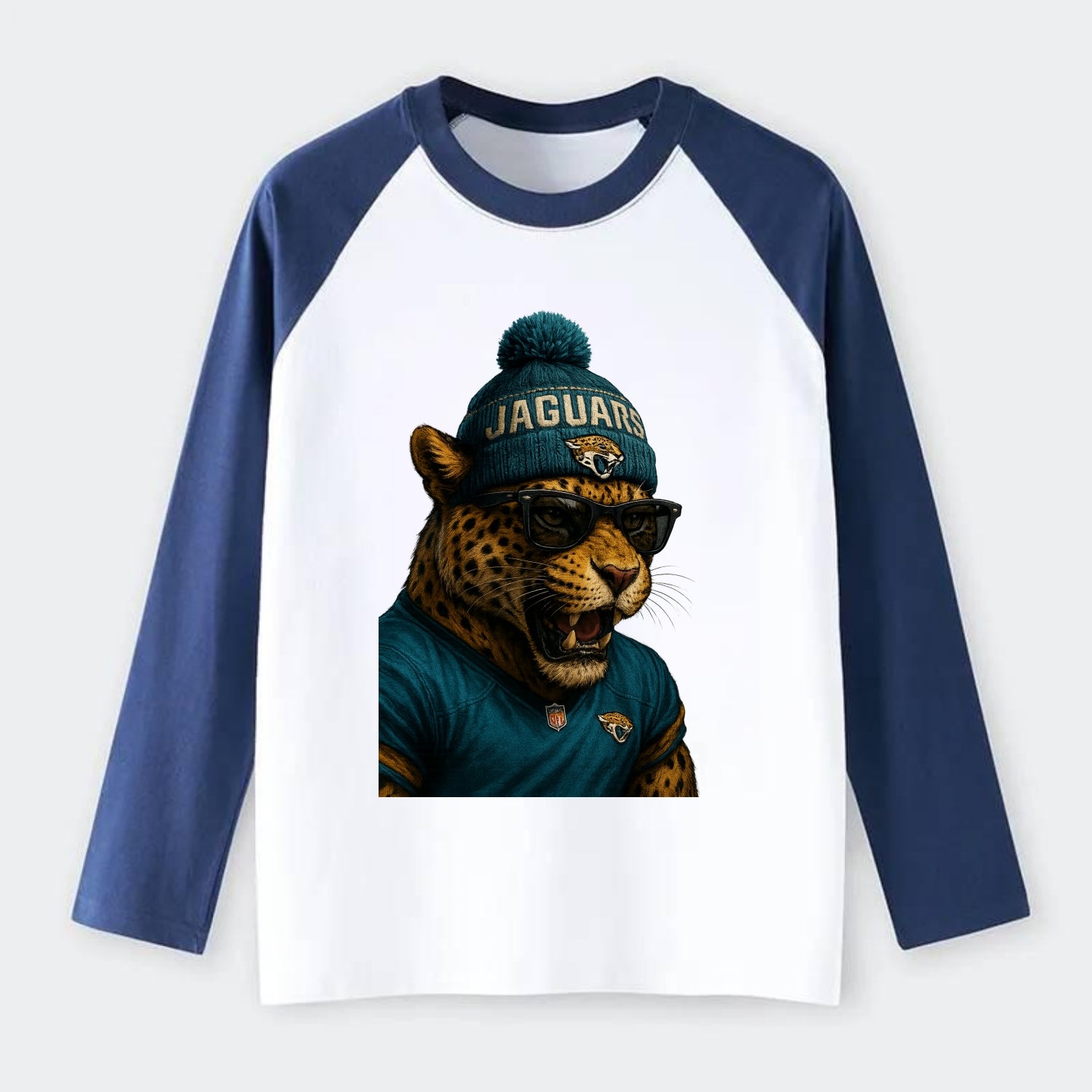 Jacksonville Jaguar wearing Jaguars teal and gold beanie with pom pom - Raglan Long Sleeve T-Shirt - Blue