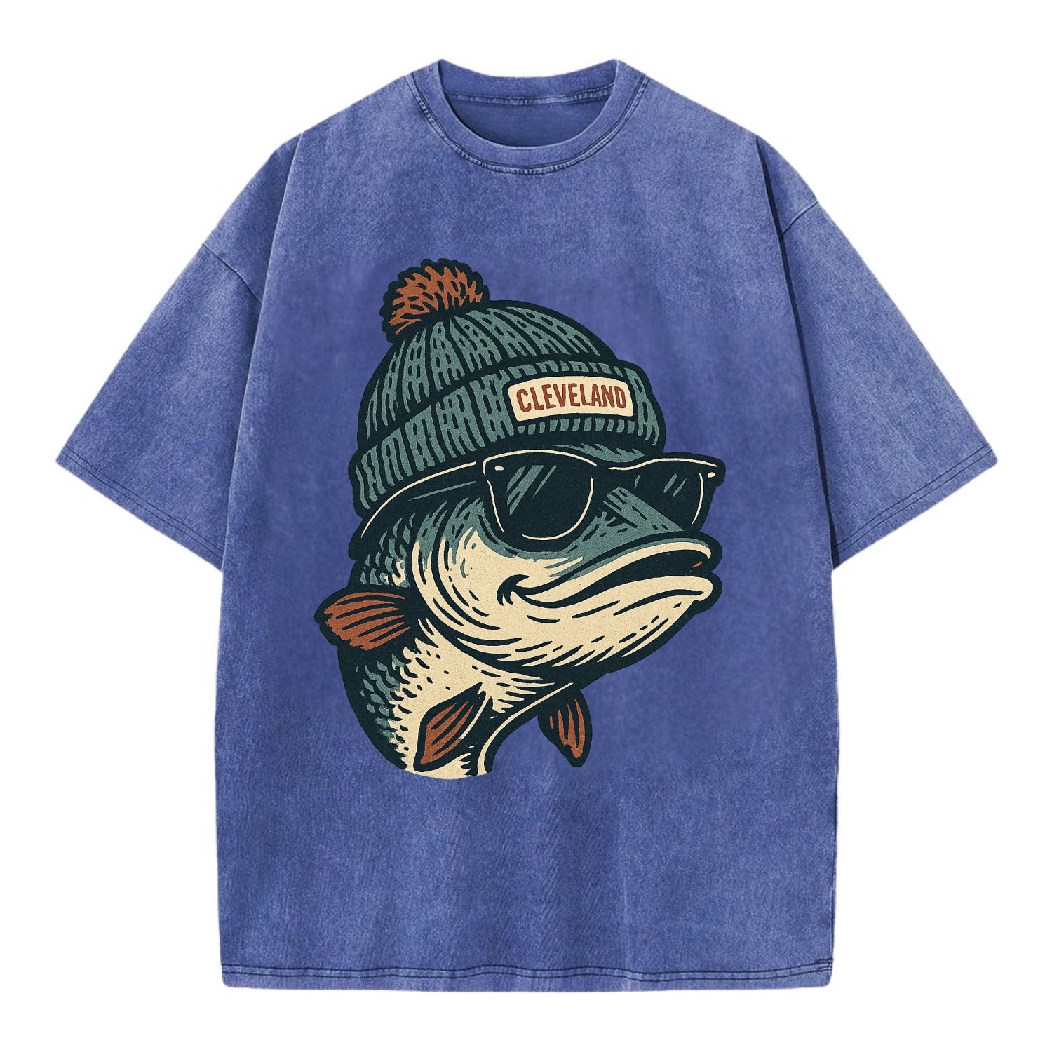Cleveland Lake Erie Walleye wearing Cleveland beanie with pom pom and wayfarer - Vintage T-shirt - Blue