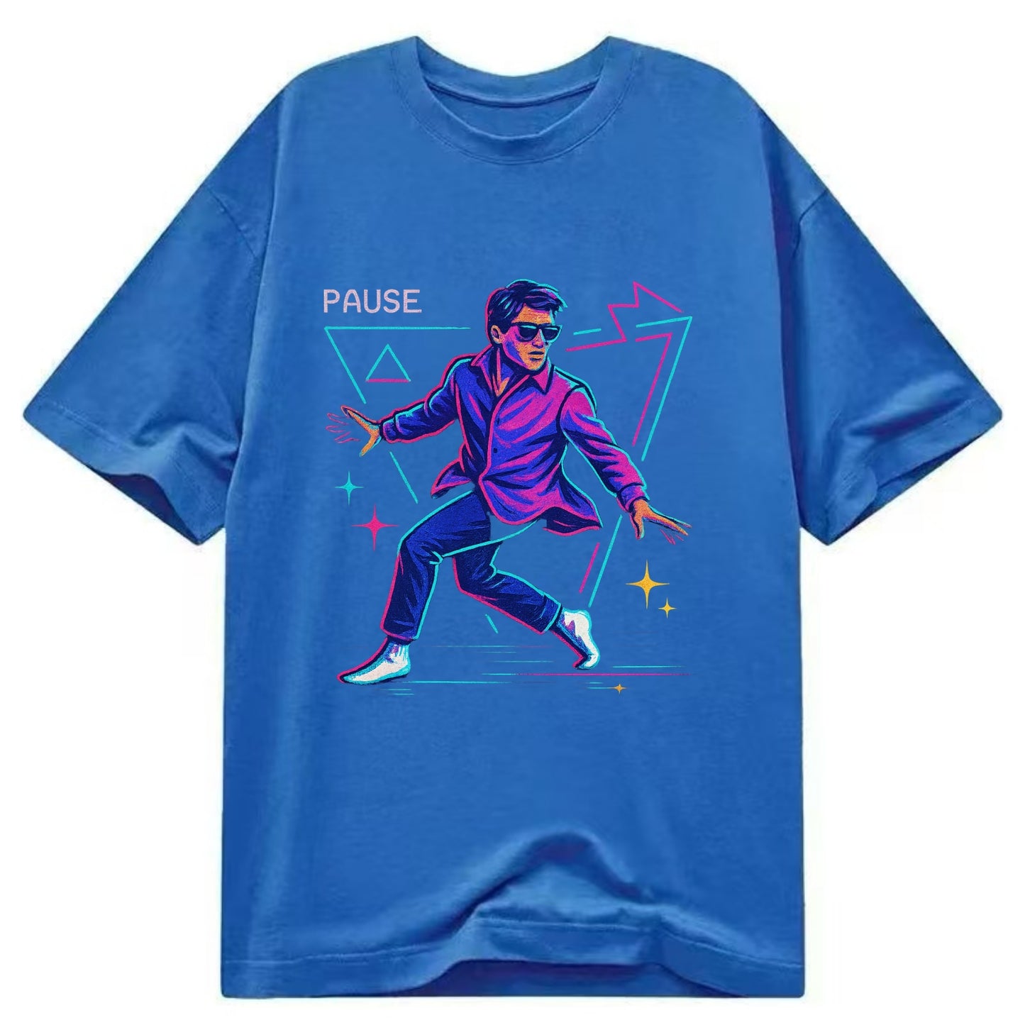 confident figure sliding across polished wooden floor in socks and sunglasses - Classic T-shirt - Blue