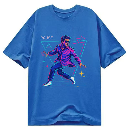 confident figure sliding across polished wooden floor in socks and sunglasses - Classic T-shirt - Blue