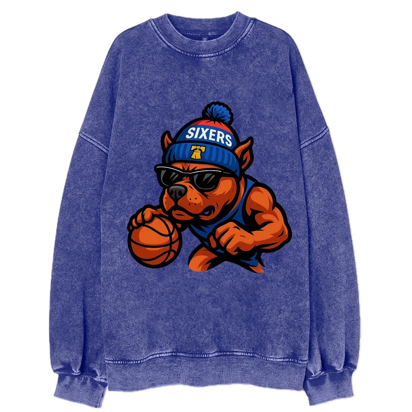 Philly Pitbull wearing Sixers beanie with Liberty Bell and wayfarer sunglasses - Vintage Sweatshirt - Blue
