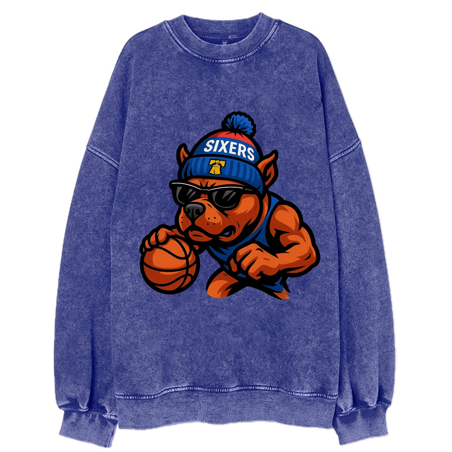 Philly Pitbull wearing Sixers beanie with Liberty Bell and wayfarer sunglasses - Vintage Sweatshirt - Blue
