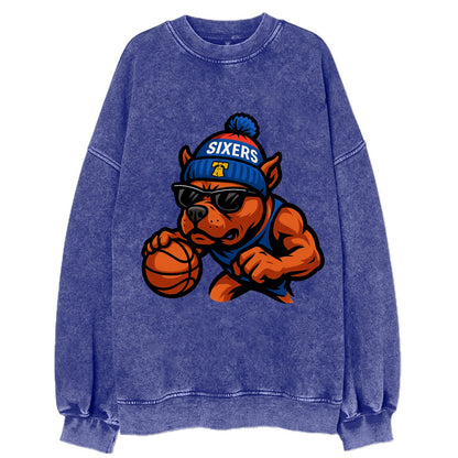 Philly Pitbull wearing Sixers beanie with Liberty Bell and wayfarer sunglasses - Vintage Sweatshirt - Blue