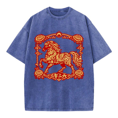 HORSE | Silk style horse design | Gold and silver thread appearance | Phoenix and - Vintage T-shirt - Blue