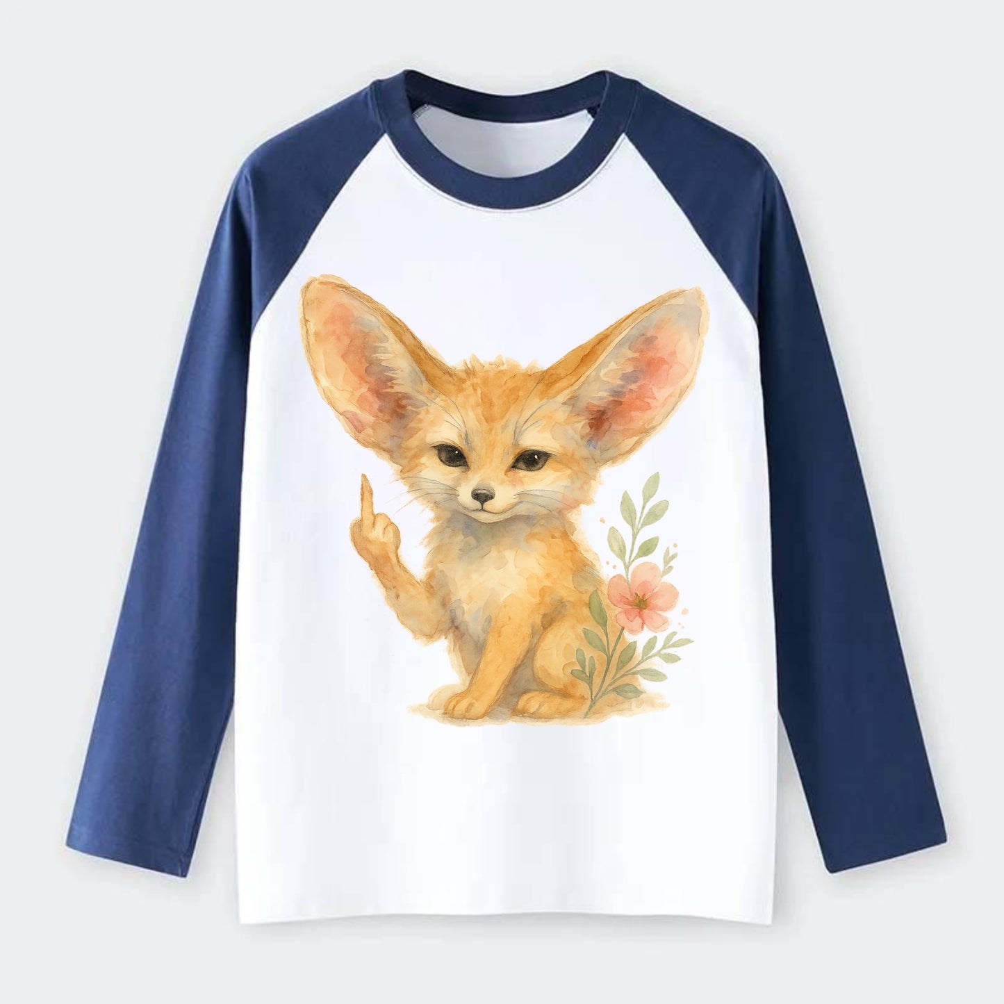 tiny fennec fox with oversized ears, one small paw raised in sass - Raglan Long Sleeve T-Shirt - Blue