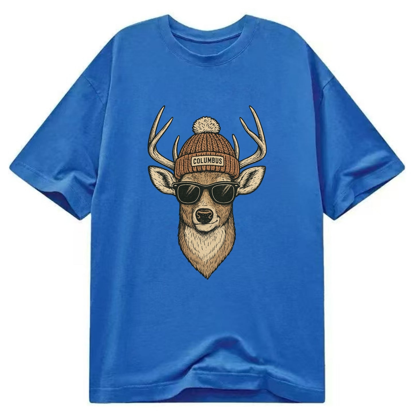 Ohio White-tailed Deer wearing Columbus beanie with pom pom and wayfarer - Classic T-shirt - Blue